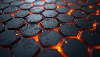 Dark metallic hexagonal tiles with glowing orange light between them. Industrial textured surface creates futuristic background for tech, science, or gaming themes. Abstract geometric pattern.