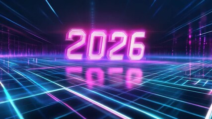 High-tech abstract background with glowing neon "2026" floating above a digital grid, deep blue and purple gradient, futuristic cyberpunk style, light rays and lens flares - Powered by Adobe
