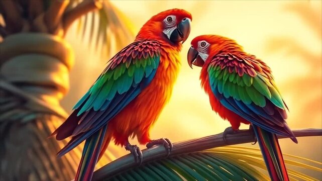 Colorful macaw parrots perched on a branch in tropical setting  
