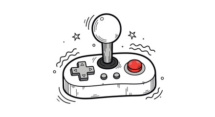 Hand-drawn retro arcade joystick controller with a red button and D-pad. © Ilma