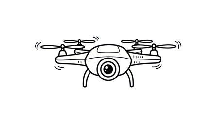 A simple black and white doodle illustration of a flying quadcopter camera drone.