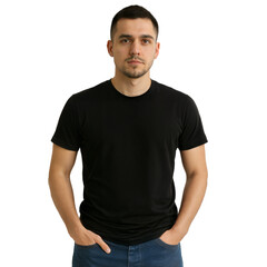 Fototapeta premium Handsome man in a black t-shirt mockup PNG transparent background.