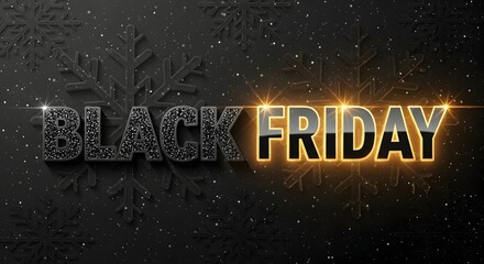 Black friday sale text with glowing orange light and dark background with snowflakes