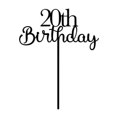 Black 20th birthday cake topper on a white background