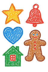 Colorful childish crayon drawing of gingerbread cookies and Christmas icons with stars and trees - Concept of Christmas - holiday - festive - winter - sweets - tradition