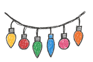 Colorful childish crayon drawing of Christmas lights on a wire in simple loop - Concept of Christmas - holiday - festive - winter - decoration - lighting