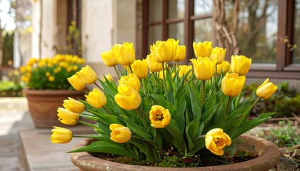 Close up of yellow tulips potted in terracotta with a building facade as backdrop
