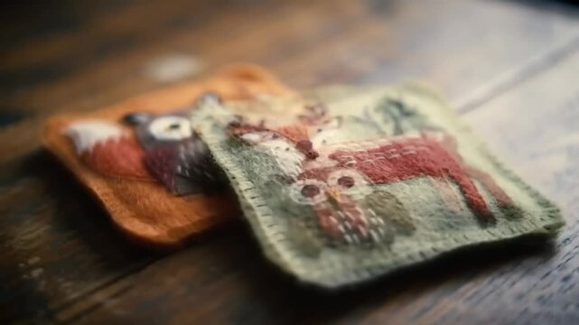 Handmade felt patches with embroidered woodland animals, a deer and a fox, resting on a rustic wooden table.