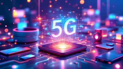 Futuristic 5G network technology visualized with glowing circuits and microchips, representing digital connectivity and rapid data transfer
