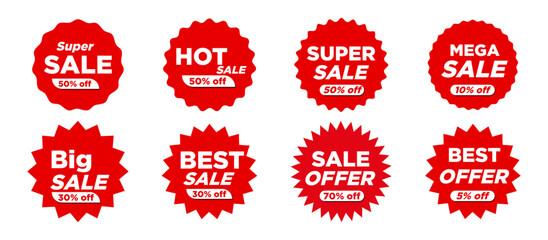 Fototapeta na wymiar Set of discount and sale labels. Flat style red labels, stickers with sale discount text. Sale quality tags and labels. Starburst sticker and price label set, promo tag icons