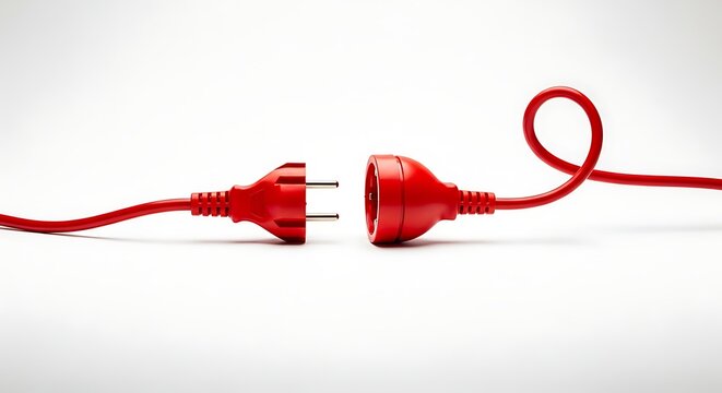Red electrical plug and socket isolated on white background, unplugged concept