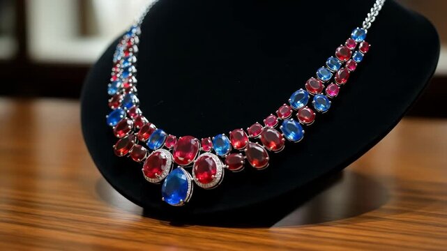 Elegant gemstone necklace with red and blue stones on a display stand