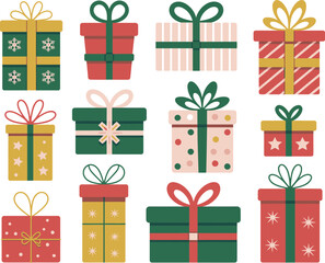 A diverse collection of twelve beautifully wrapped gift boxes, each adorned with festive patterns and ribbons, creating a cheerful holiday display