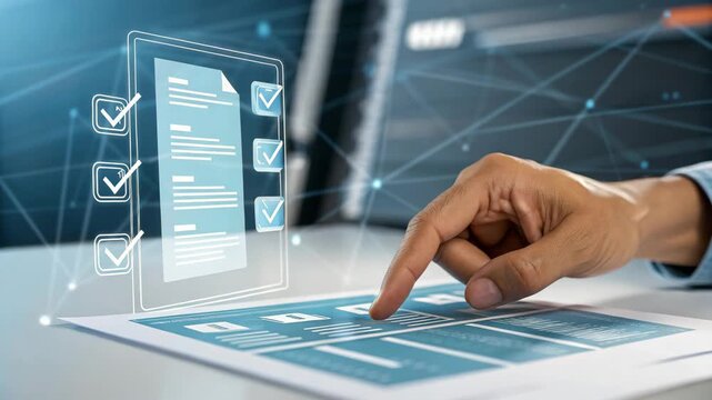 Hand interacting with digital checklist on a screen with a document and blue background lines