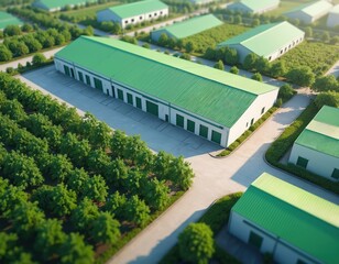 Green roofed warehouses sit amongst trees and fields. Industrial buildings have many doors. This complex area shows organized storage and logistics with nature.