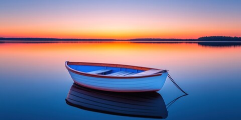 Serene Sunset Rowboat Lake Tranquility Peaceful Waterscape