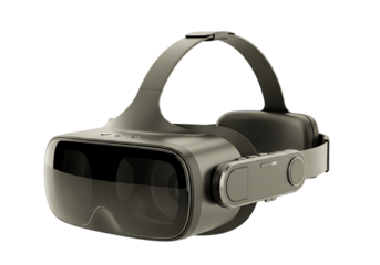 A sleek virtual reality headset a dark gray finish, a comfortable head strap integrated headphones isolated on transparent background