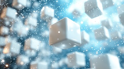 White Cubes Falling Through Blue Water Droplets