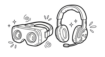 Hand-drawn VR Headset and Gaming Headphones Illustration.