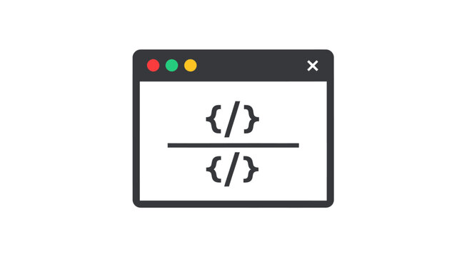 Dark mode browser window icon with split view code symbols for programming and development.