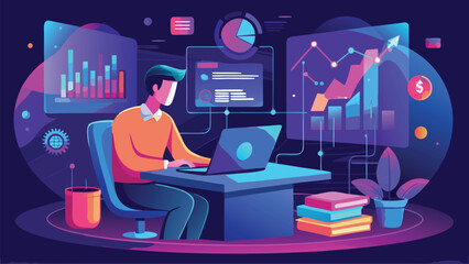 Futuristic Data Science and Big Data Analysis Vector Illustration of Person Working on Laptop with Holographic Database and Analytics Visuals