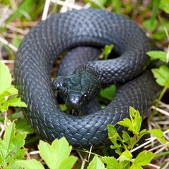 Obraz premium Close-up of a coiled black snake in grass