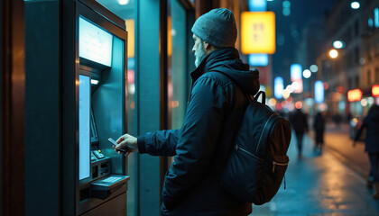 Man uses credit card at ATM at night in city. Person withdraws cash from bank machine on urban street. Finance transaction occurs outside business.