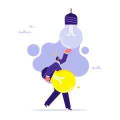 Introduction of innovations concept, businessman entrepreneurs change burned out light bulb to new one, metaphor for business transformation and new solutions