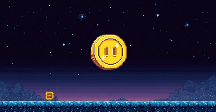Pixelated gold coin in a night sky scene