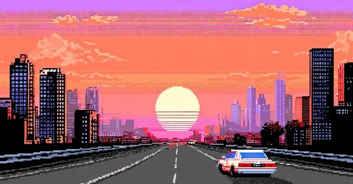 Retro pixelated city highway sunset