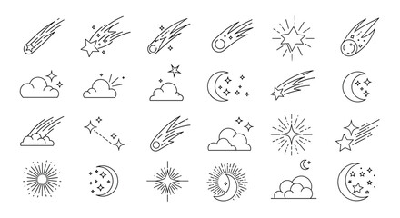 A collection of weather and astronomy related icons depicting falling stars clouds and other celestial events