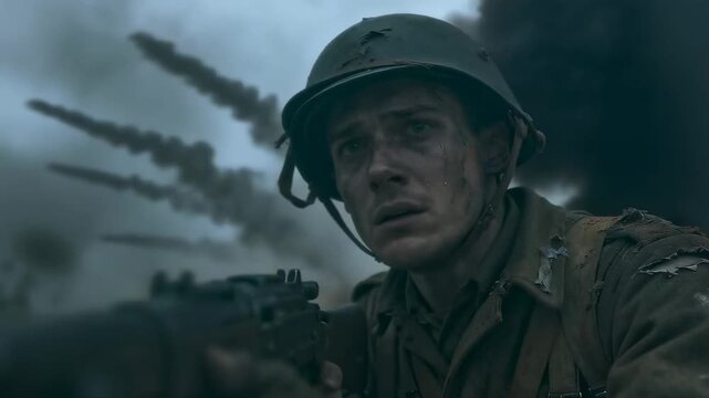 A Young Soldier's Shell Shocked Face Reflects the Horror and Despair of Battlefield Combat