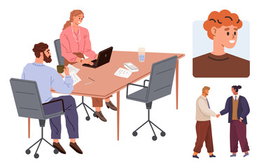 Colleagues collaborating at a desk with documents, a laptop. Separate views include a profile portrait and handshake as a networking gesture. Ideal for teamwork, networking, communication