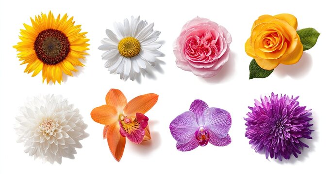 Colorful flowers in a grid layout.  Top-down view
