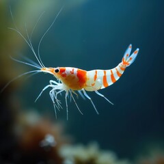 Small orange striped shrimp swims in deep blue ocean water. Tiny crustacean has translucent body with white and red markings. Marine life detail in natural habitat.