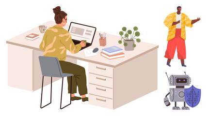 Person working on laptop at a desk, engaging with a virtual colleague and an AI robot holding a privacy shield. Ideal for remote work, teamwork, technology, AI safety, communication, productivity