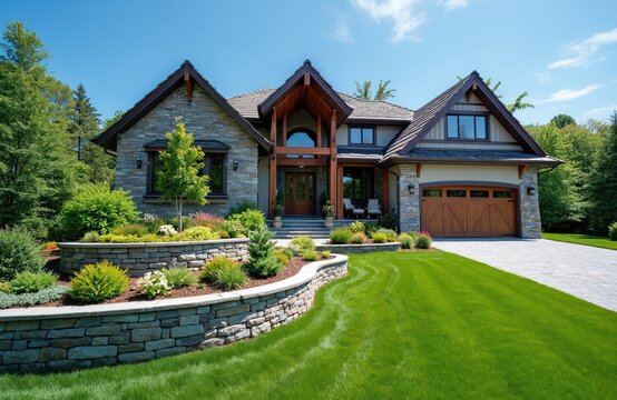 Manicured lawn fronting luxury stone house with wooden garage door. Lush green landscaping, stone retaining wall, and bright sunny blue sky.