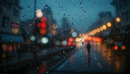 Rainy city street scene with bokeh lights and water droplets on glass