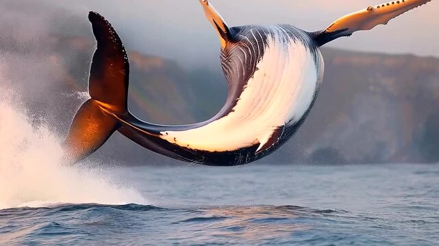 A majestic humpback whale breaches from the ocean water, its massive body covered in barnacles and illuminated by the warm glow of the setting sun 4k video