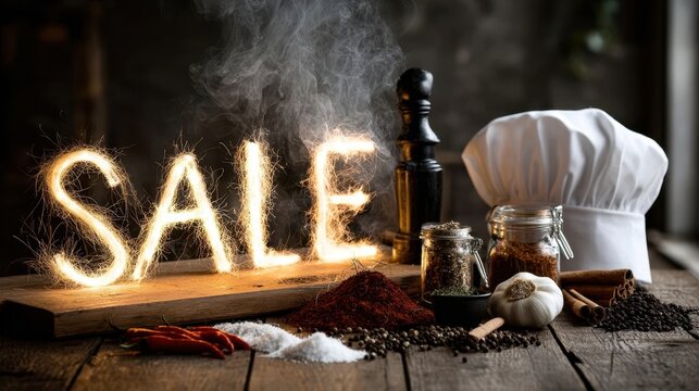 Sparkling word SALE created with sparklers on wooden table surrounded by spices, herbs, and chef hat, conveying excitement for culinary promotions and discounts