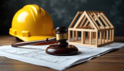 Wooden house model, yellow hard hat and judge gavel rest on blueprints. Legal concept for building permits, construction disputes and real estate contracts.