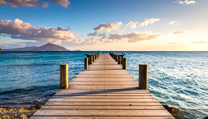 Obraz premium Wooden pier extending into calm ocean at sunset, mountains in distance