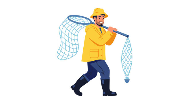 Fisherman character in a yellow raincoat and hat walking while carrying a large fishing net over his shoulder.