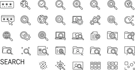 Search Icon Set Featuring Magnifying Glasses, Web Tools, Documents, and User Profiles for UI, Apps, Editorial, and Design Projects