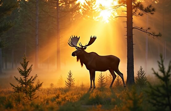 Majestic bull moose stands in misty forest at sunrise. Golden sun rays pierce through trees illuminating the large mammal. Autumnal forest floor glows with warm light.