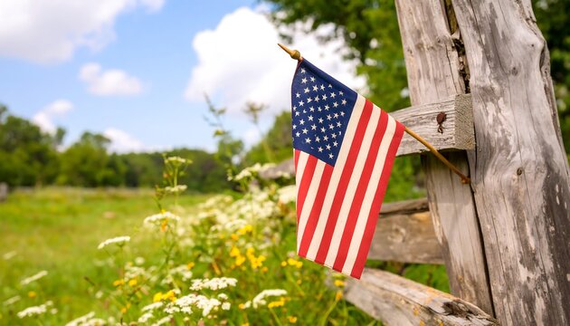 US flag adorns rustic wooden fence, with green meadow and cloudy sky backdrop