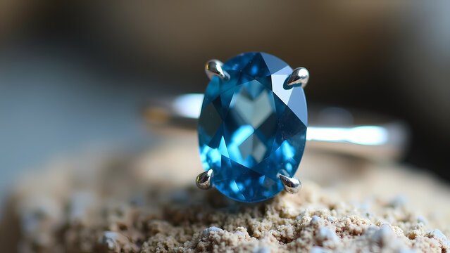 Oval blue gemstone gleams in silver prongs&mdash;sharp cut and soft blur evoke elegance and restraint.
