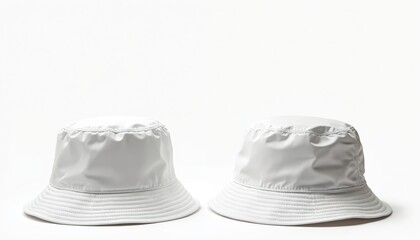 Fototapeta premium Two blank white bucket hats arranged on a clean white background. This simple setup provides ample space for customization, perfect for fashion mockups and design templates.