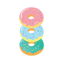 Delicious stack of three colorful frosted donuts isolated on white sweet pastry treats