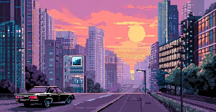Pixelated city street scene at sunset